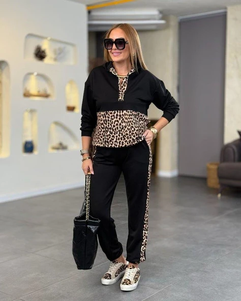 Kadın Uzun Kollu Leopar Detay Sweat Ve Yanı Leopar şerit Detay Pantolon Ikili Takım - Resim 2