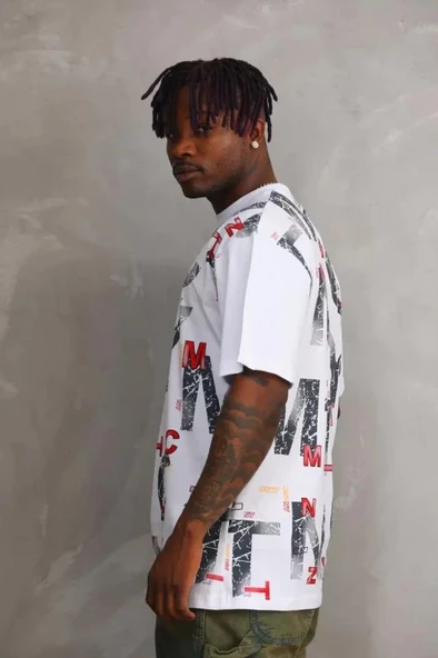 Unisex Baskılı Oversize T-Shirt - Beyaz - Resim 4