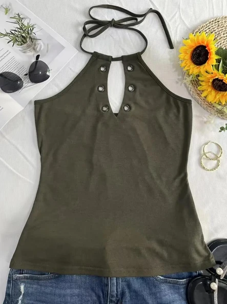 Kadın Askılı Kuş Gözü Ve Dekolte Detay Boyundan Bağlamalı Viskon Bluz ürün görseli