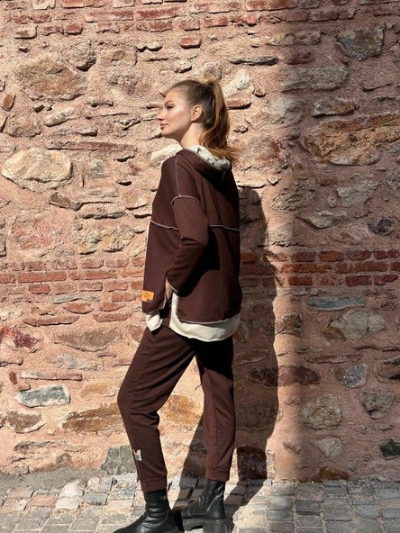 Kadın Kahve Kapşonlu Etek Ucu Detay Arma Ters Dikiş Gorunumlu Ikili Takım - Resim 4