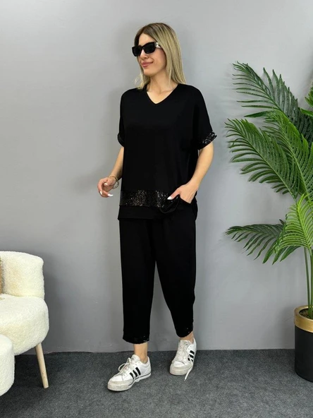 Kadın Kısa Kollu V Yakalı Pul Payetli Viskon Iki Iplik Bluz Ve Pantolon Ikili Takım - Resim 7