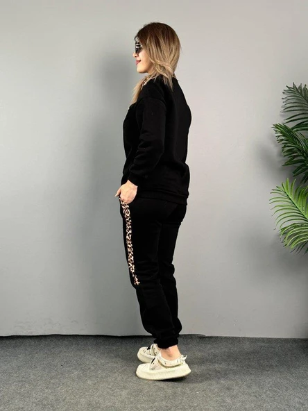 Kadın üç Iplik Kumaş Leopar Desenli Dantel Detaylı Ikili Takım - Resim 4