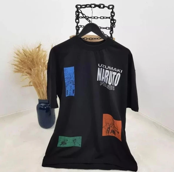 Unisex Bisiklet Yaka Baskılı Oversize T-Shirt - Siyah ürün görseli