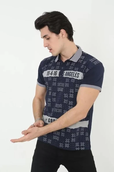 Erkek Yakalı Slim Fit Baskılı T-Shirt - Lacivert - Resim 3