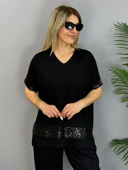 Kadın Kısa Kollu V Yakalı Pul Payetli Viskon Iki Iplik Bluz Ve Pantolon Ikili Takım - Resim 5