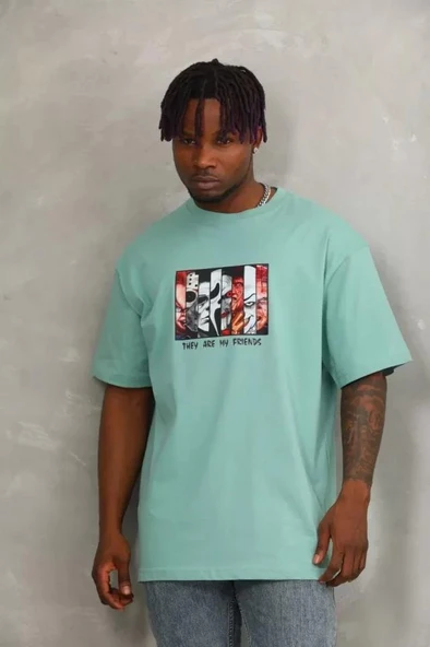 Unisex Oversize Baskılı Bisiklet Yaka T-Shirt - Mint Yeşili - Resim 2