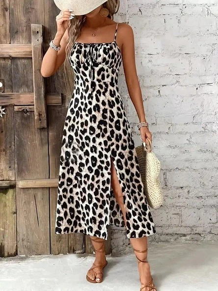 Kadın Askılı Yakadan Bağcıklı Yırtmaçlı Leopar Desenli Midi Süprem Elbise - Resim 4