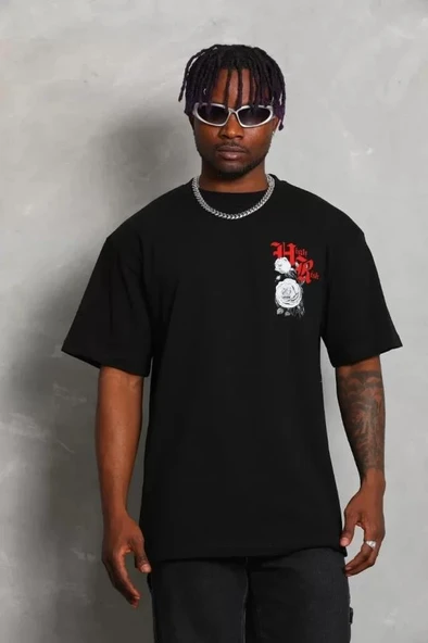 Unisex Oversize Baskılı Bisiklet Yaka T-Shirt - Siyah - Resim 4