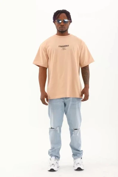 Unisex Oversize Baskılı Bisiklet Yaka T-Shirt - Bej - Resim 4