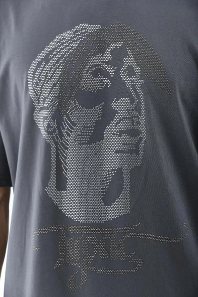 Unisex Oversize Taşlı Bisiklet Yaka T-Shirt - Füme - Resim 3