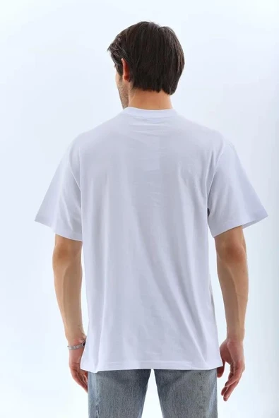 Unisex Oversize Taşlı Bisiklet Yaka T-Shirt - Beyaz - Resim 2