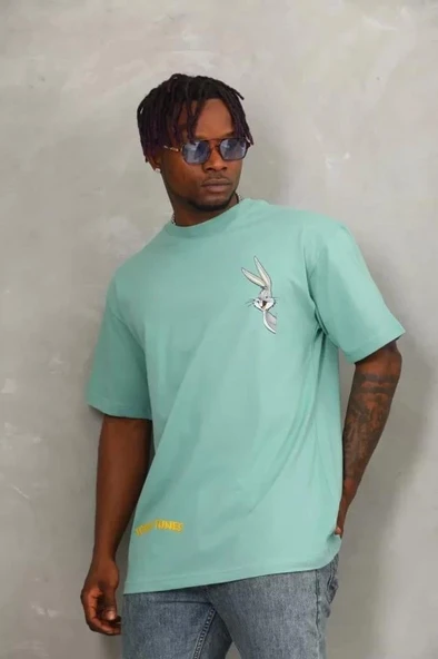 Unisex Oversize Baskılı Bisiklet Yaka T-Shirt - Mint Yeşili ürün görseli