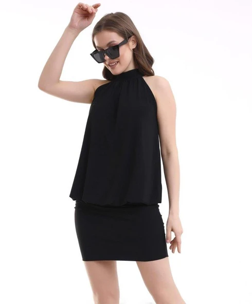 Kadın Yüksek Yaka Büzgü Detaylı Şifon Garnili Sandy Kumaş Fırsat Ürün Diz Üstü Elbise - Resim 6