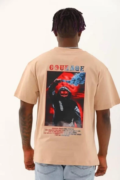 Unisex Oversize Baskılı Bisiklet Yaka T-Shirt - Bej - Resim 4