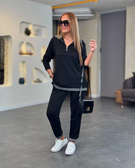 Kadın Uzun Kollu Ribana Ve Fermuar Detay Bluz Ve Yüksel Bel Pantolon 2li Takım - Resim 2