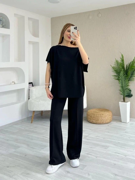 Kadın Kısa Kollu Kayık Yakalı Dikiş Izi Detaylı Viskon Iki Iplik Bluz Ve Pantolon Ikili Takım - Resim 3