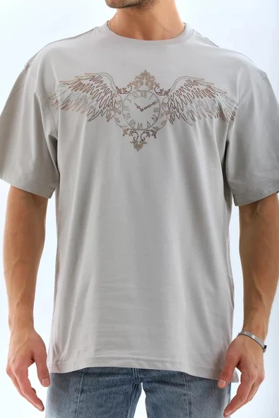 Unisex Oversize Taşlı Bisiklet Yaka T-Shirt - Gri ürün görseli