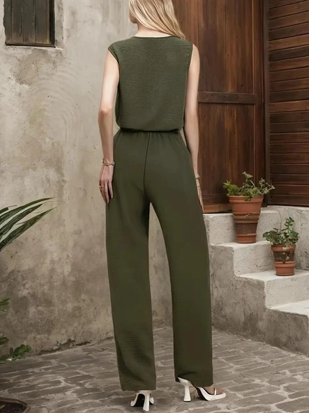 Kadın Kolsuz V Yakalı Aerobin Bluz Ve Belden Kuşaklı Pantolon Ikili Takım - Resim 2