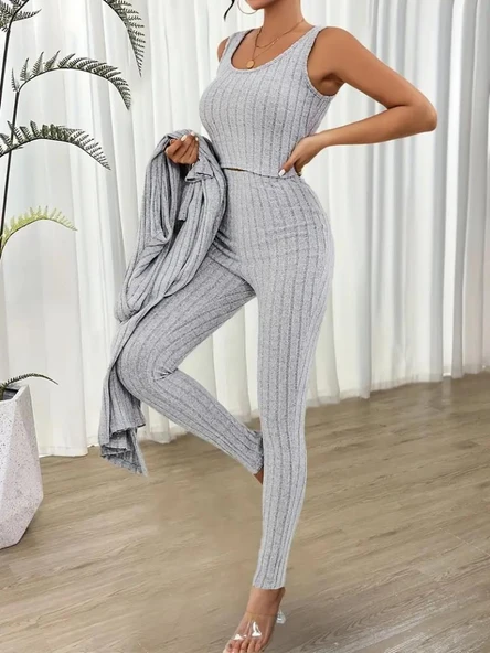 Kadın Yuvarlak Yaka Askılı Krop Bluz Yüksek Bel Tayt Ve Uzun Hırka şardonlu Kaşkorse üçlü Takım - 2