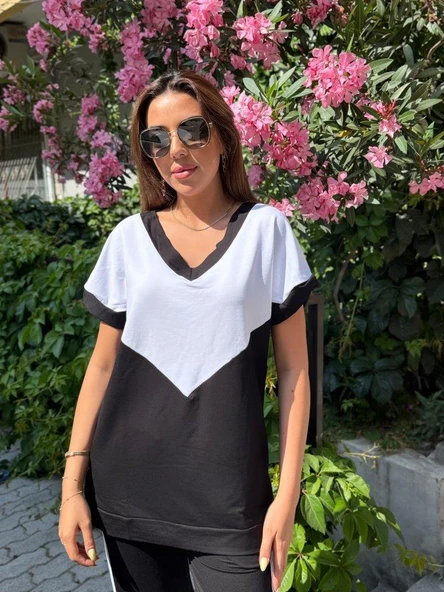 Kadın Kısa Kollu V Yaka Siyah Beyaz Renkli Viskon Iki Iplik Kumaş Eşofman Takımı - Resim 3