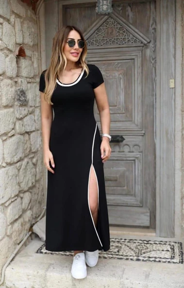 Kadın Yuvarlak Ribana Yaka Beyaz Yırtmaç Detaylı Viskon Tam Boy Elbise ürün görseli