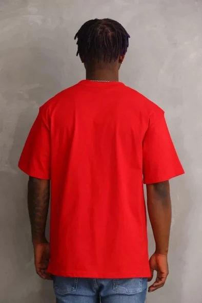 Unisex Baskılı Oversize T-Shirt - Kırmızı - Resim 2