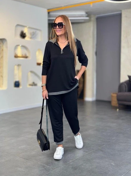 Kadın Uzun Kollu Ribana Ve Fermuar Detay Bluz Ve Yüksel Bel Pantolon 2li Takım - Resim 4