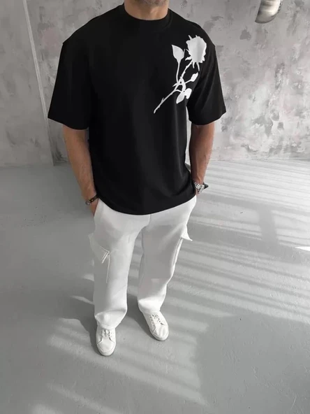 Unisex Bisiklet Yaka Baskılı Oversize T-Shirt - Siyah - Resim 2