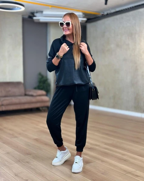 Kadın Uzun Kollu Kapüşonlu Oversize Sweat Ve Pantolon Ikili Takım - Resim 2