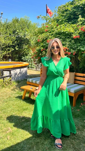 Kadın Kısa Kollu Kruvaze Yakalı Beli Lastikli Müslim Elbise - Resim 4