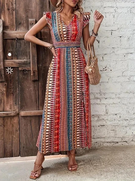 Kadın Kısa Kollu V Yakalı Desenli Yandan Yırtmaçlı Süprem Elbise - Resim 6