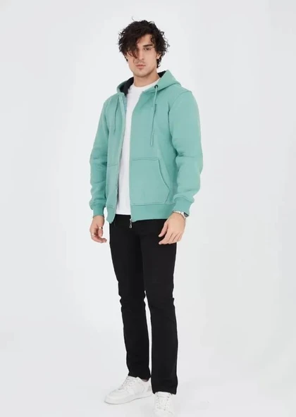 Unisex Tam Fermuarlı Kapşonlu  SweatShirt - Mint Yeşili ürün görseli