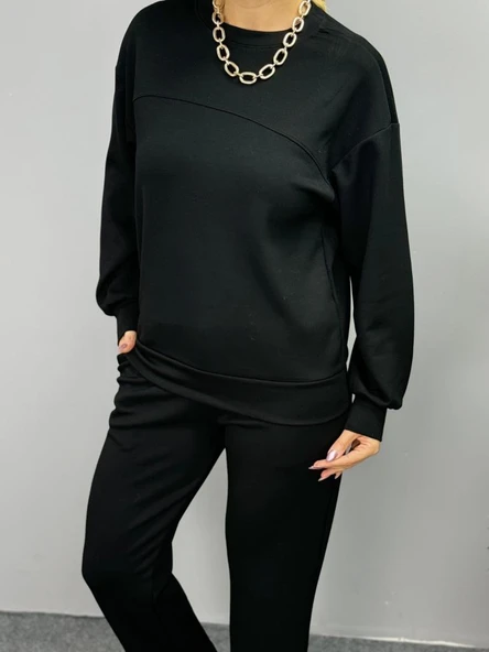 Kadın Uzun Kollu Bisiklet Yaka Viskon Iki Iplik Bluz Ve Pantolon Ikili Takım - Resim 3