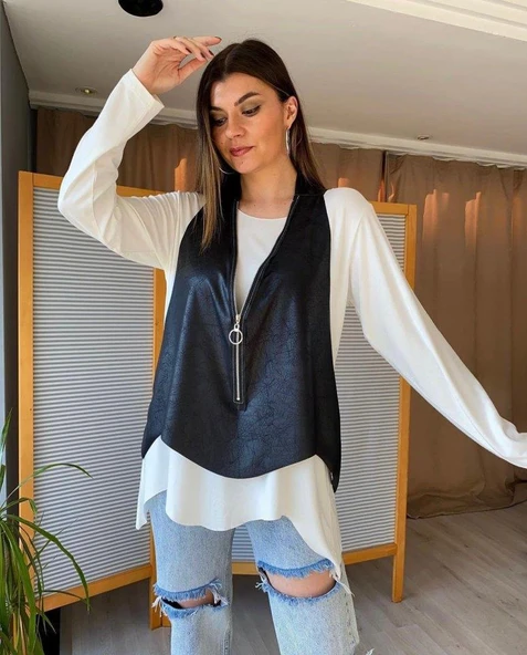 Kadın Uzun Kol Asimetrik Kesim Viskon Bluz Ve çatlak Deri Görünümlü Fermuar Detaylı Yelek Ikili Takım - 7
