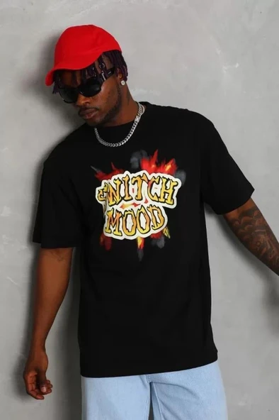 Unisex Oversize Baskılı Bisiklet Yaka T-Shirt - Siyah - Resim 2