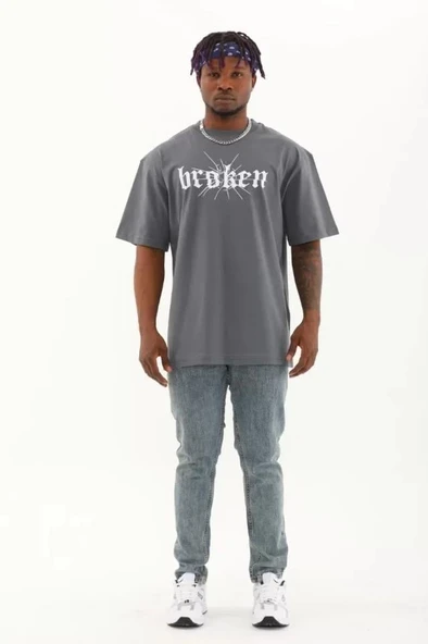 Unisex Oversize Baskılı Bisiklet Yaka T-Shirt - Füme - Resim 4