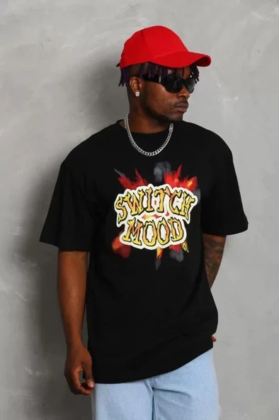 Unisex Oversize Baskılı Bisiklet Yaka T-Shirt - Siyah - Resim 3