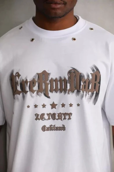 Unisex Kuşgözü Detaylı Baskılı Oversize T-Shirt - Beyaz ürün görseli