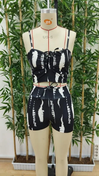 Kadın Büzgü Detay Askılı Crop Mini Tayt Ikili Takım - Resim 10