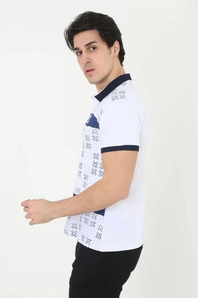 Erkek Yakalı Slim Fit Baskılı T-Shirt - Beyaz - Resim 3