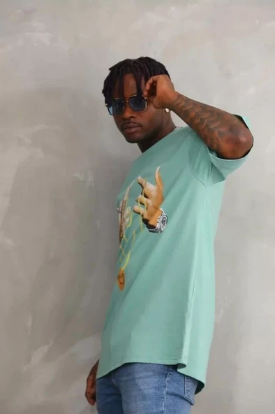 Unisex Baskılı Oversize T-Shirt - Mint Yeşili - Resim 4