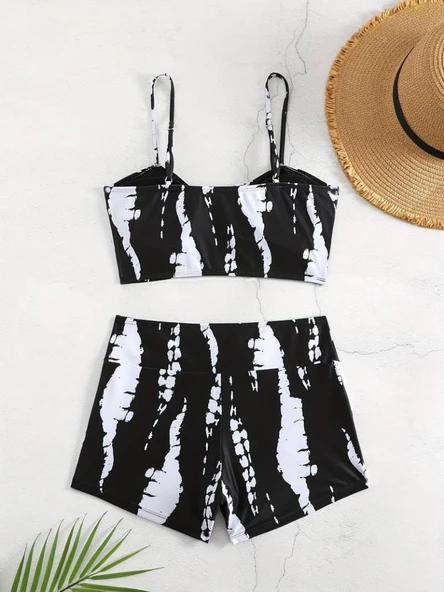 Kadın Büzgü Detay Askılı Crop Mini Tayt Ikili Takım - Resim 8