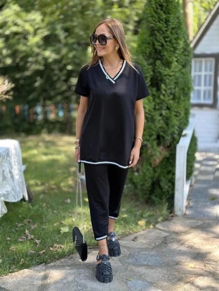 Kadın Kısa Kollu V Yakalı Iki Iplik Bluz Ve Pantolon Ikili Takım - Resim 6