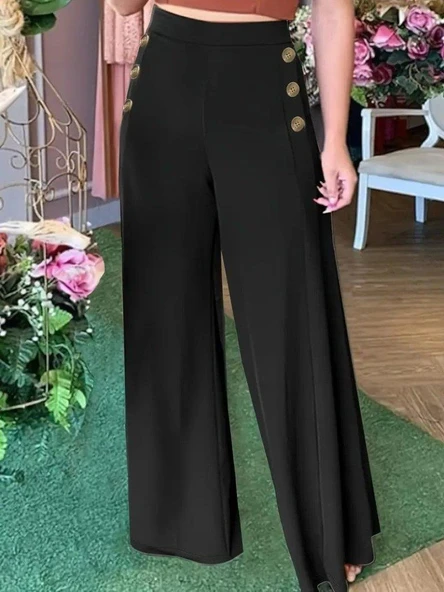 Kadın Yüksek Bel Yan Düğme Detaylı Geniş Paçalı Ithal Krep Pantolon - Resim 3