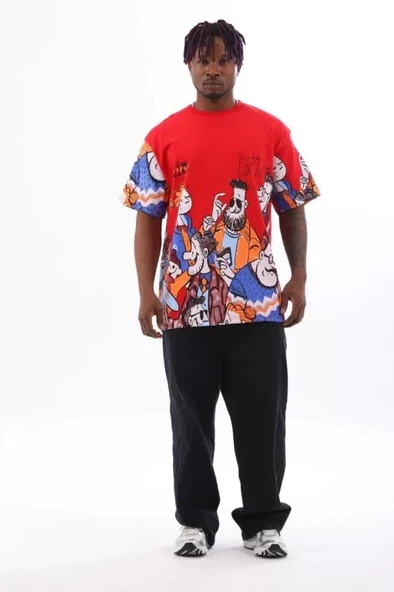 Unisex Oversize Baskılı Bisiklet Yaka T-Shirt - Kırmızı ürün görseli