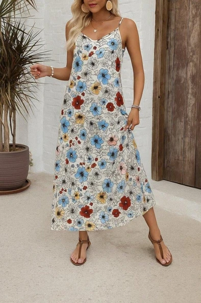 Kadın Ip Askılı Geniş V Yakalı Desenli Süprem Elbise ürün görseli