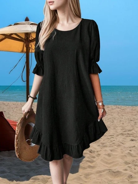 Kadın Kısa Kollu Kol Ve Eteği Volanlı Bisiklet Yaka Aerobin Elbise - Resim 8