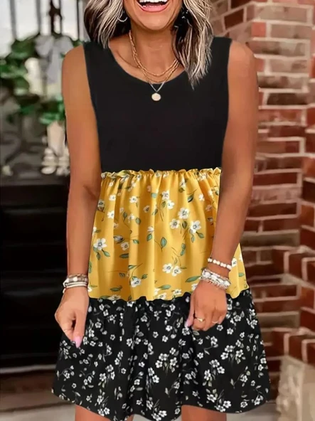 Kadın Askılı Yuvarlak Yaka çiçek Baskılı Salaş Süprem Elbise - Resim 3