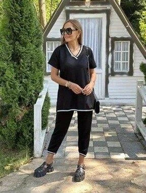 Kadın Kısa Kollu V Yakalı Iki Iplik Bluz Ve Pantolon Ikili Takım - Resim 2