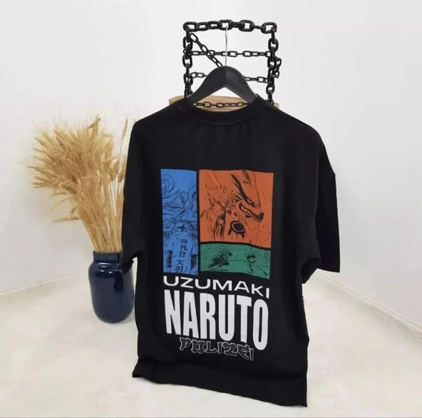 Unisex Bisiklet Yaka Baskılı Oversize T-Shirt - Siyah - Resim 2